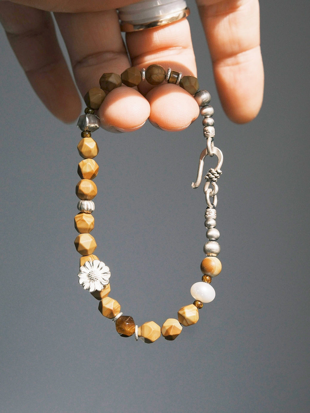 Mineral Soul Series | Fossil Bloom | Tiger Eye, Pearl & Silver Bracelet