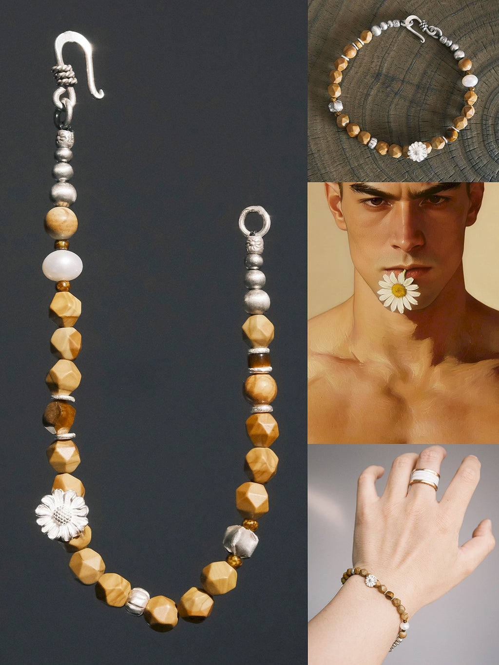 Mineral Soul Series | Fossil Bloom | Tiger Eye, Pearl & Silver Bracelet