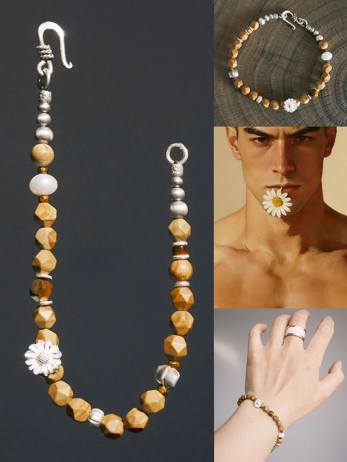 Mineral Soul Series | Fossil Bloom | Tiger Eye, Pearl & Silver Bracelet