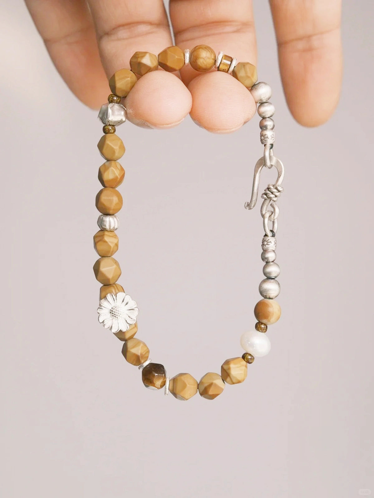 Mineral Soul Series | Fossil Bloom | Tiger Eye, Pearl & Silver Bracelet