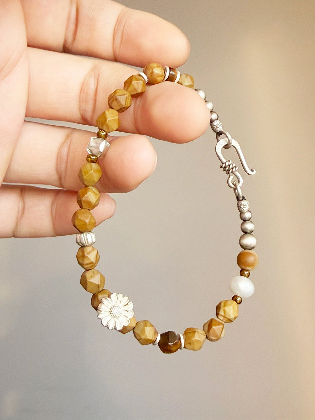 Mineral Soul Series | Fossil Bloom | Tiger Eye, Pearl & Silver Bracelet