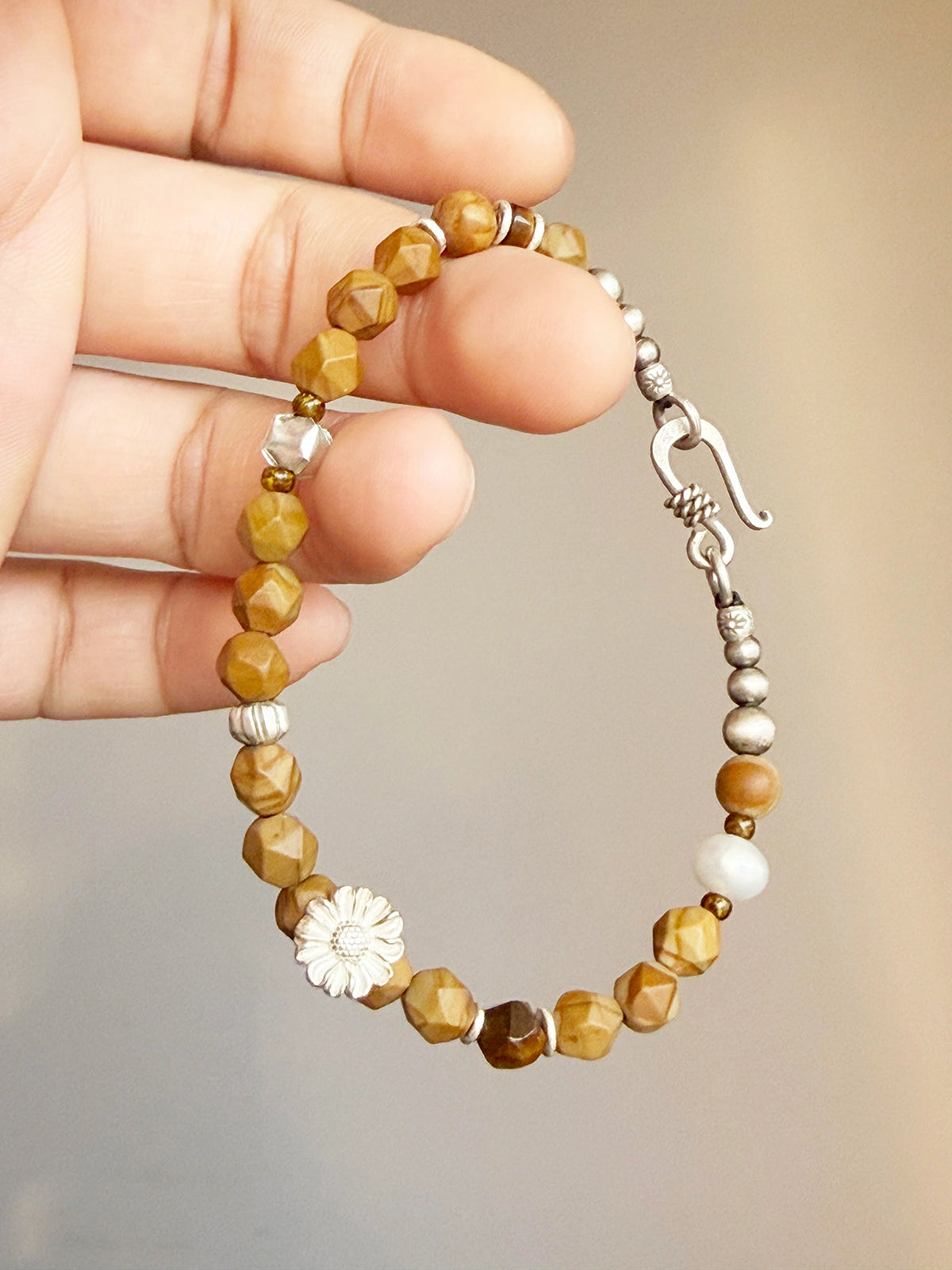 Mineral Soul Series | Fossil Bloom | Tiger Eye, Pearl & Silver Bracelet