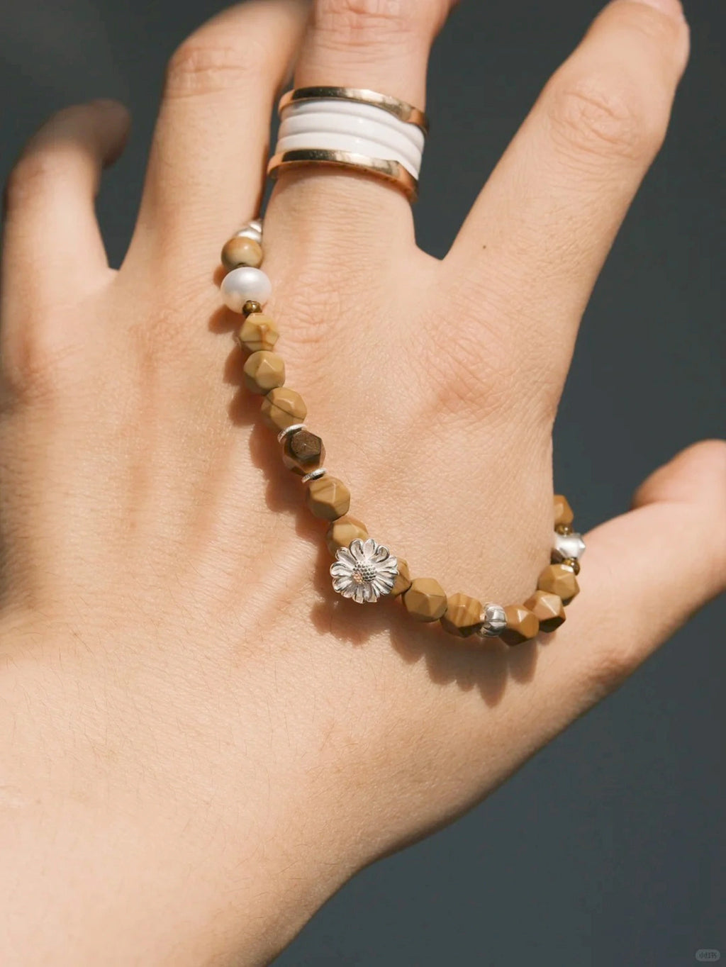 Mineral Soul Series | Fossil Bloom | Tiger Eye, Pearl & Silver Bracelet