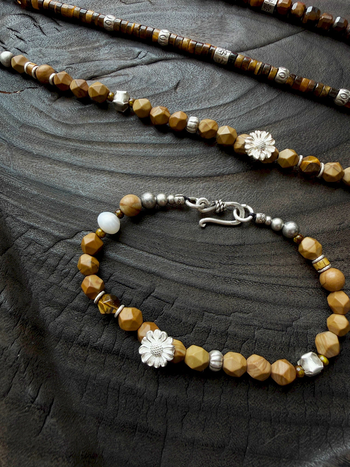 Mineral Soul Series | Fossil Bloom | Tiger Eye, Pearl & Silver Bracelet