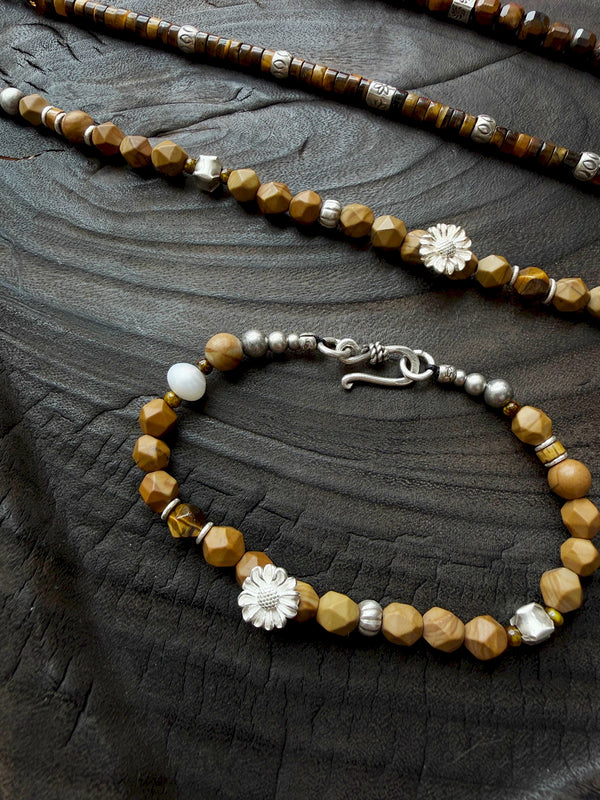 Gift-ready men’s tiger eye bracelet with pearl and silver daisy detail, meaningful bracelet gift for him