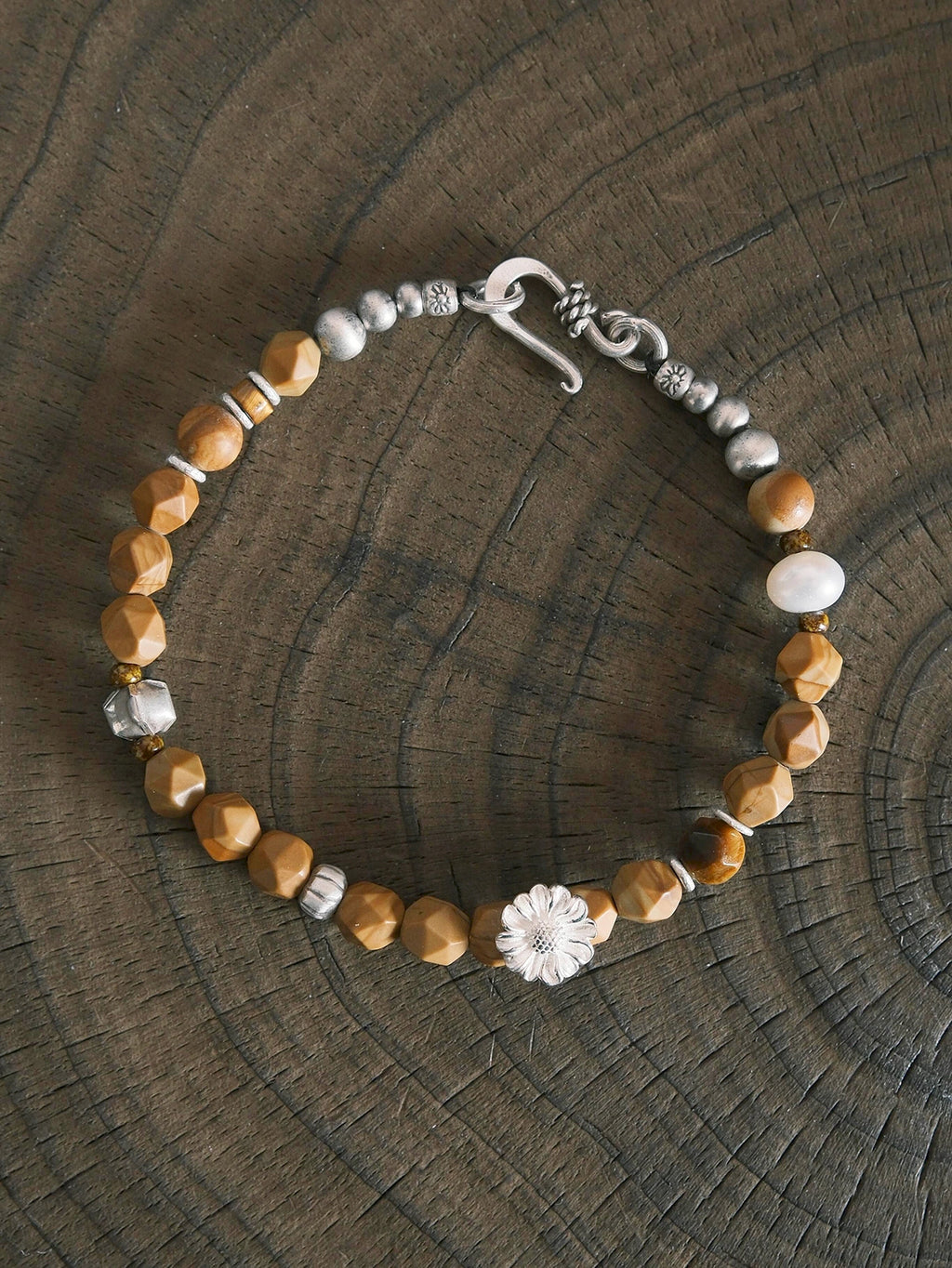 Mineral Soul Series | Fossil Bloom | Tiger Eye, Pearl & Silver Bracelet