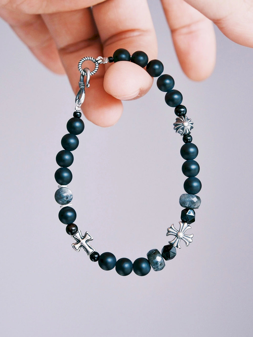 Urban Stoic Series | Dark Creed | Matte Onyx & Silver Cross Bracelet