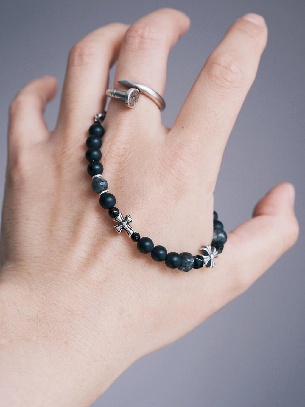 Urban Stoic Series | Dark Creed | Matte Onyx & Silver Cross Bracelet