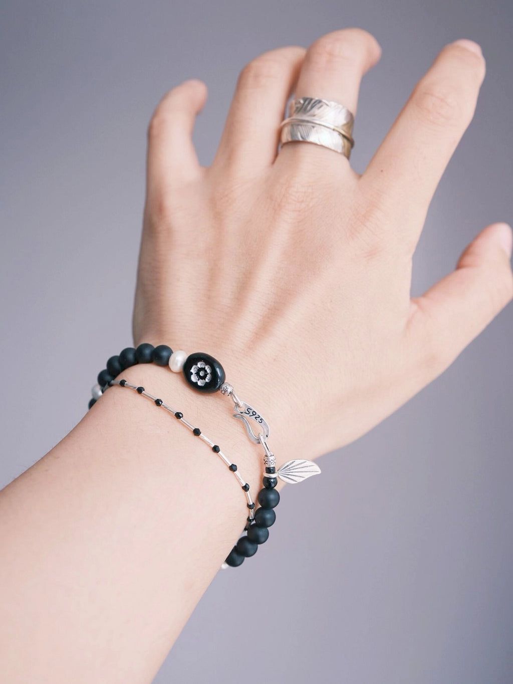 Identity Series | Black Bloom | Black Agate, Pearl & Silver Bracelet