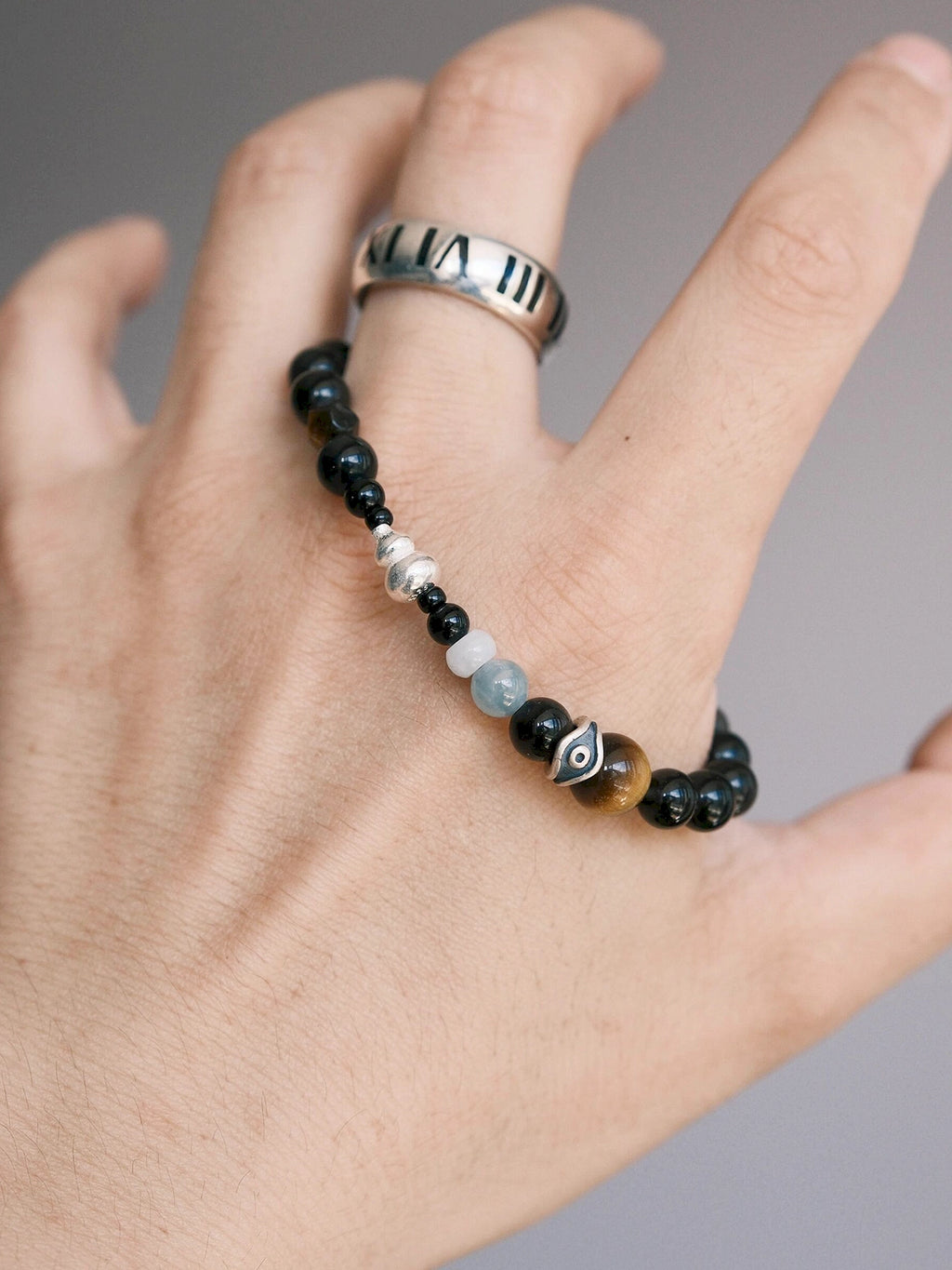 Mineral Soul Series | Obsidian Hawk | Obsidian, Tiger Eye & Silver Bracelet