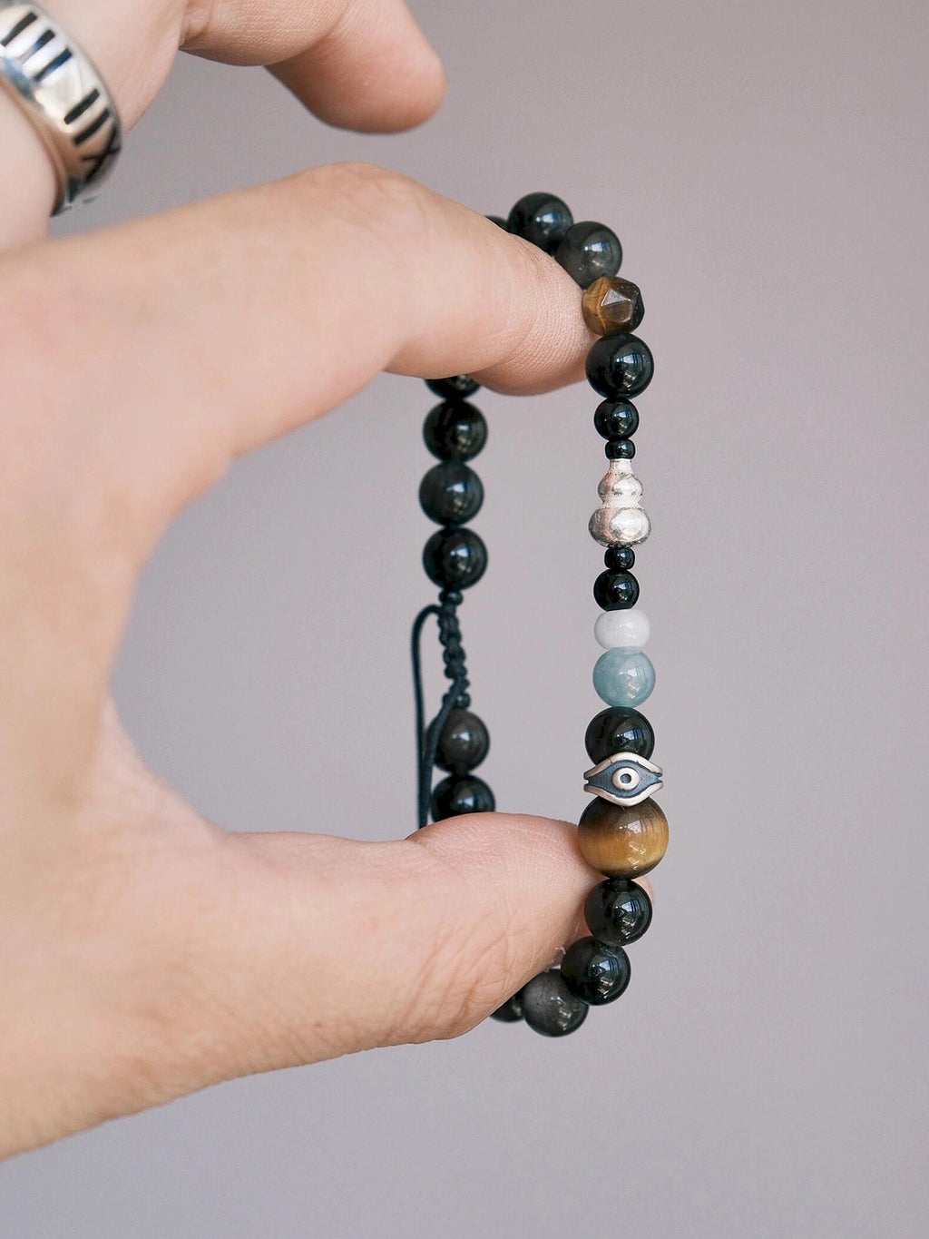 Mineral Soul Series | Obsidian Hawk | Obsidian, Tiger Eye & Silver Bracelet