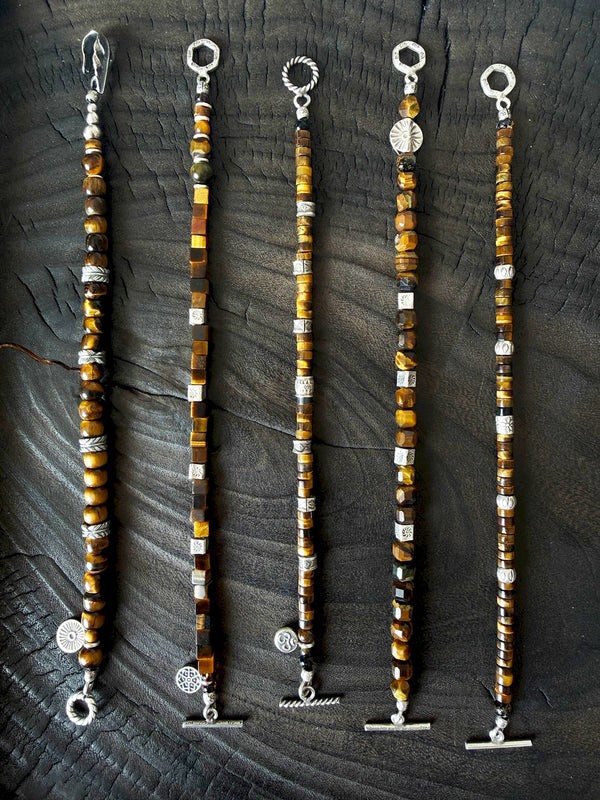 Meaningful bracelet gift for him featuring tiger eye and hand-hammered silver, refined men’s jewelry for birthday or holiday gifting.