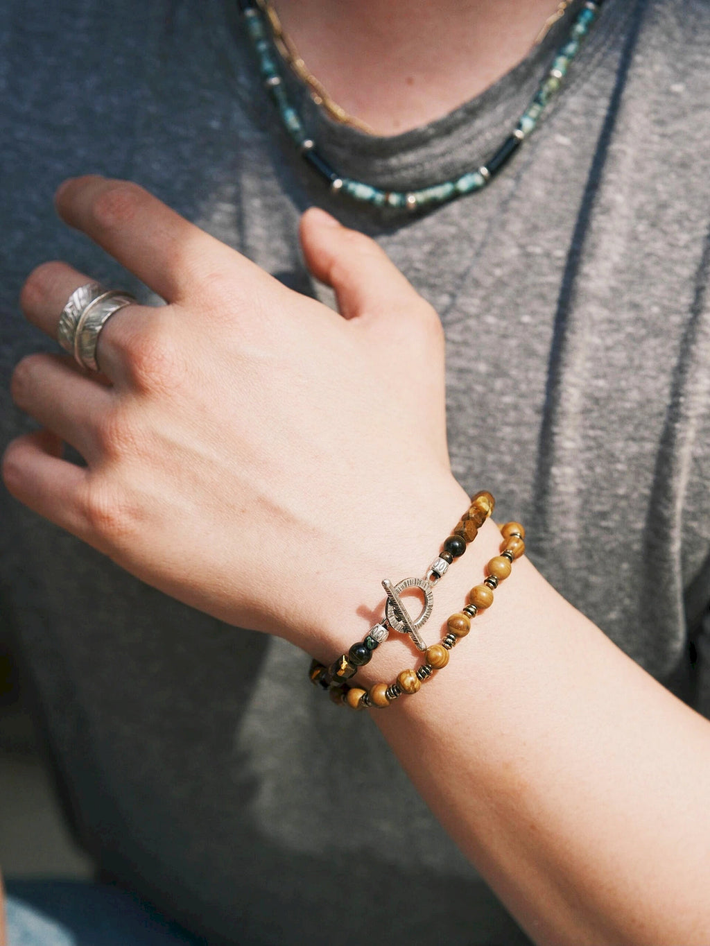 Urban Stoic Series | Amber Command | Tiger Eye & Hammered Silver Bracelet