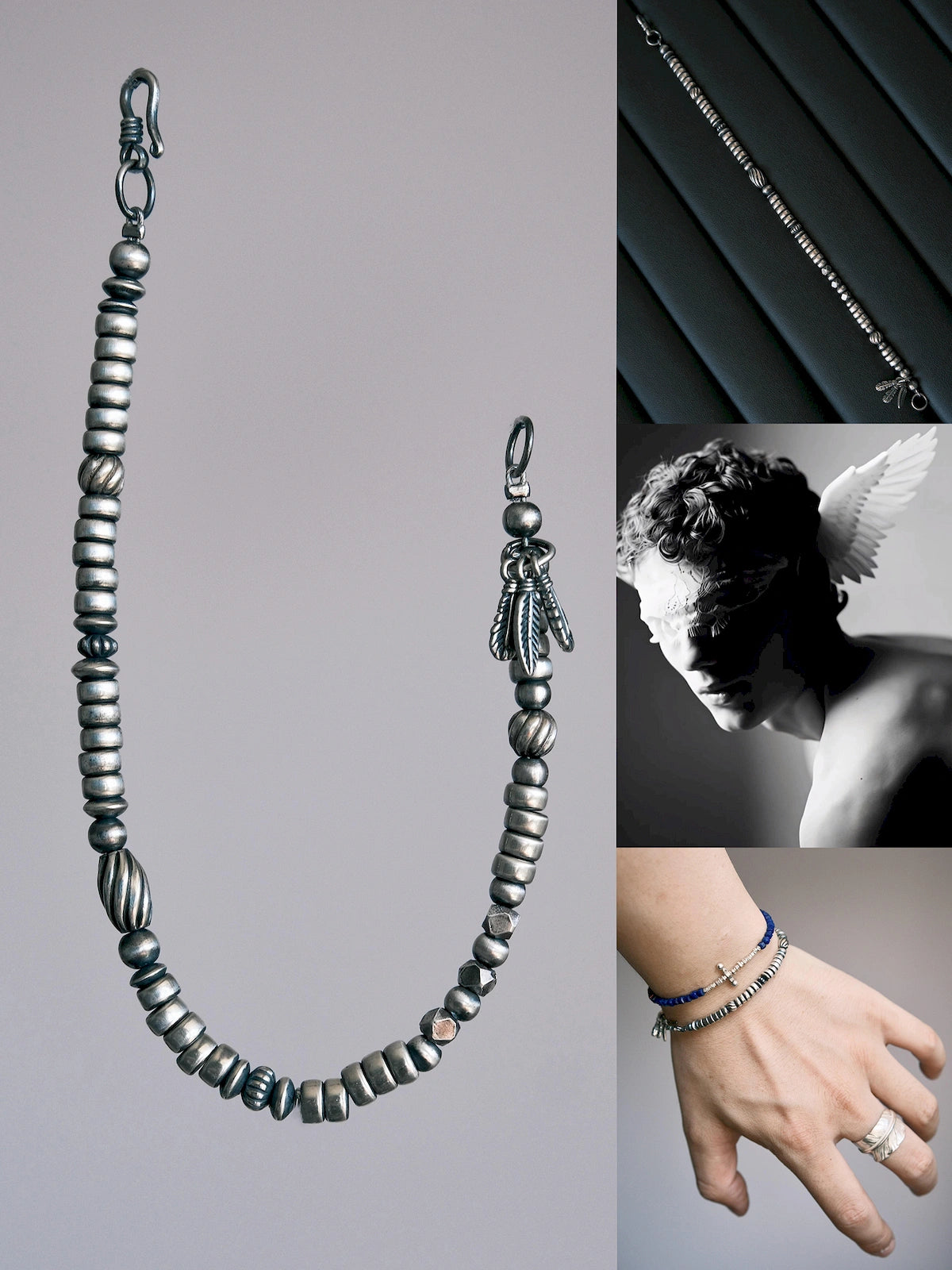 Silver Nomad men's silver feather bracelet collage with full product view, monochrome mood image and layered wrist styling
