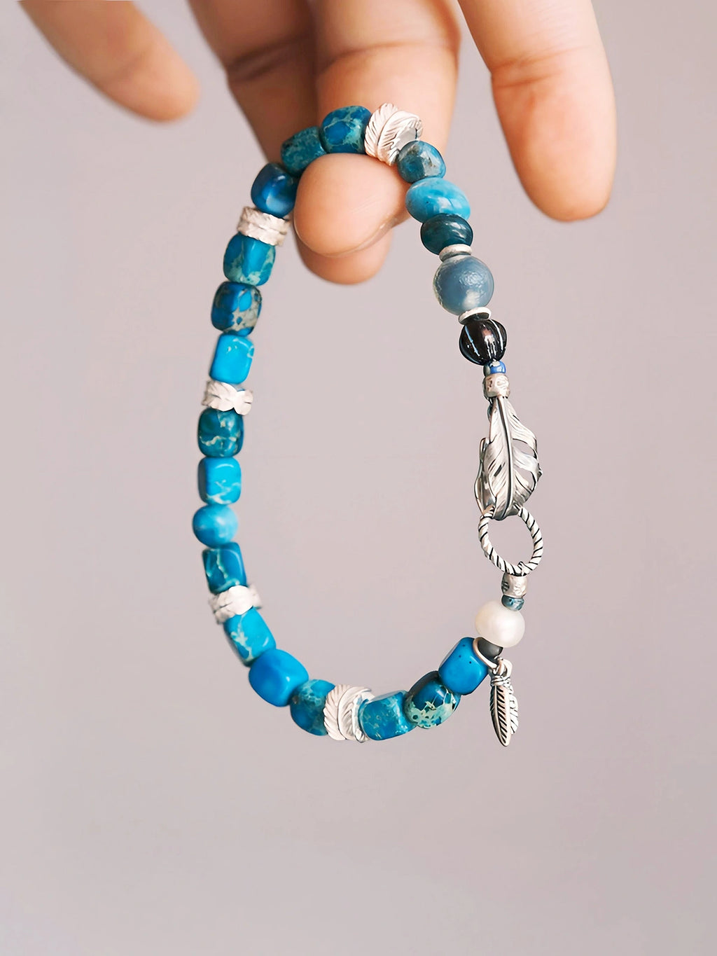Identity Series | Blue Horizon | Blue Jasper-Style Stone & Silver Feather Bracelet