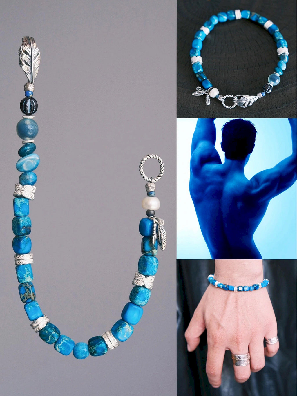 Identity Series | Blue Horizon | Blue Jasper-Style Stone & Silver Feather Bracelet