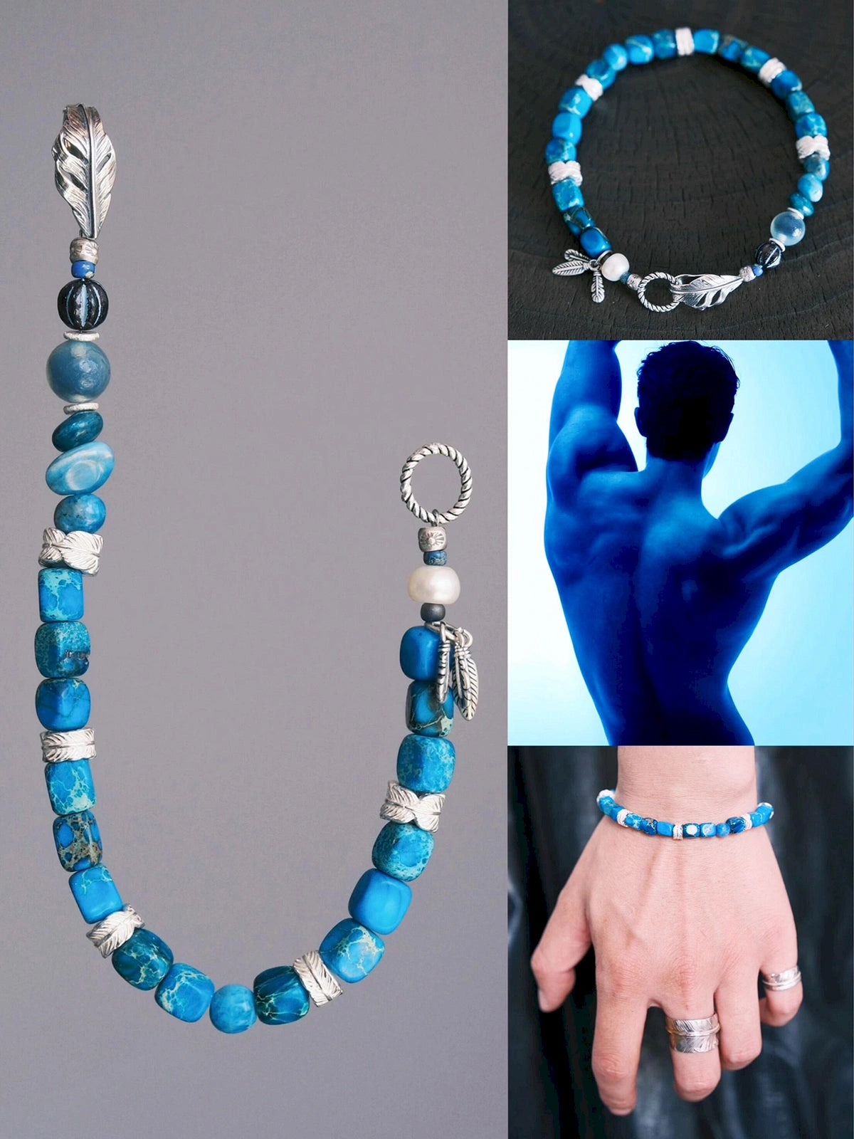 Identity Series | Blue Horizon | Blue Jasper-Style Stone & Silver Feather Bracelet