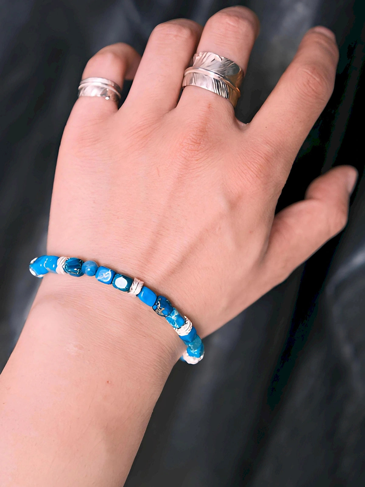 Identity Series | Blue Horizon | Blue Jasper-Style Stone & Silver Feather Bracelet