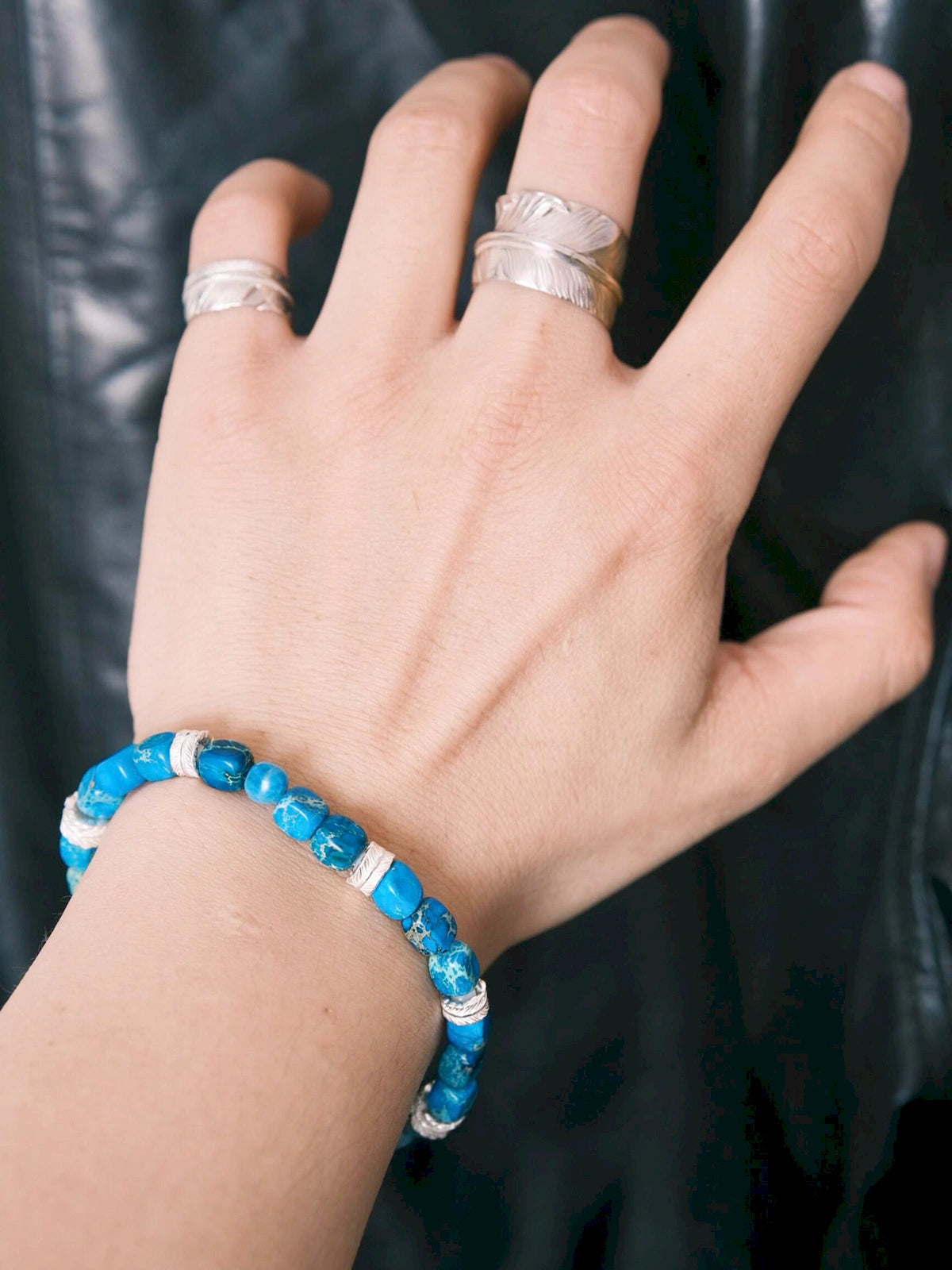 Identity Series | Blue Horizon | Blue Jasper-Style Stone & Silver Feather Bracelet