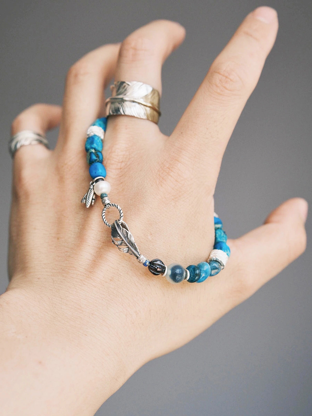 Identity Series | Blue Horizon | Blue Jasper-Style Stone & Silver Feather Bracelet