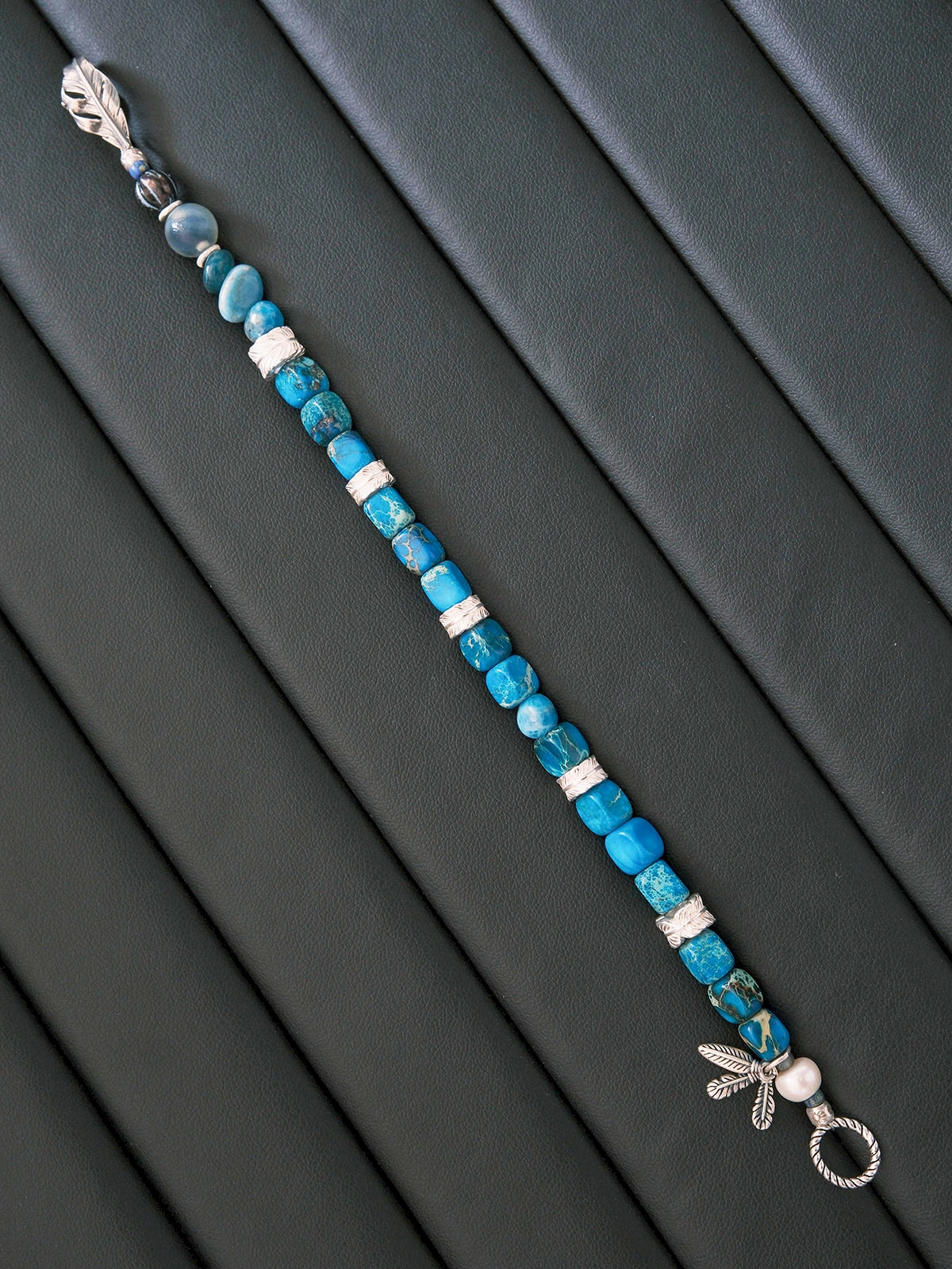 Identity Series | Blue Horizon | Blue Jasper-Style Stone & Silver Feather Bracelet