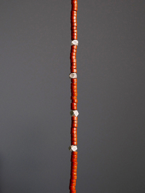 Close-up of Bloodstone (Oriental Jasper) beads and hammered sterling silver accents, textured red stone bracelet for men