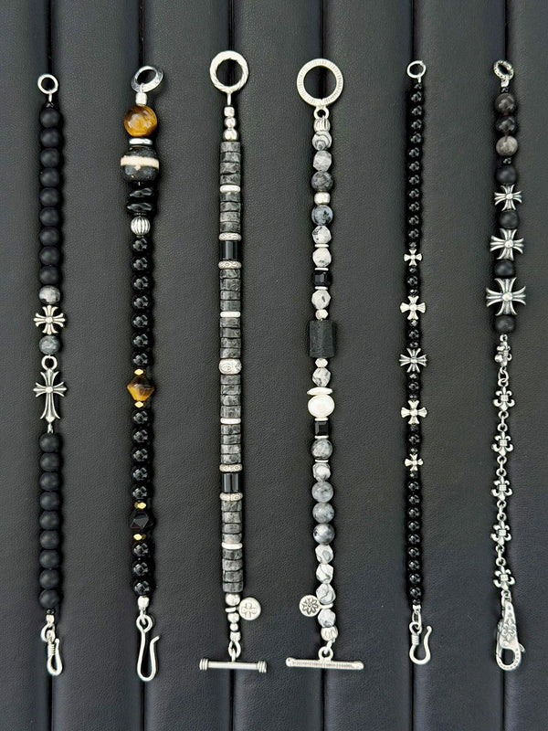 Gift-ready men’s black onyx bracelet with sterling silver cross-heart details, meaningful bracelet gift for him