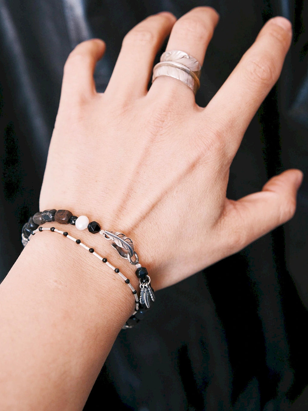 Urban Stoic Series | Dark Wing | Black Onyx, Pearl & Sterling Silver Bracelet