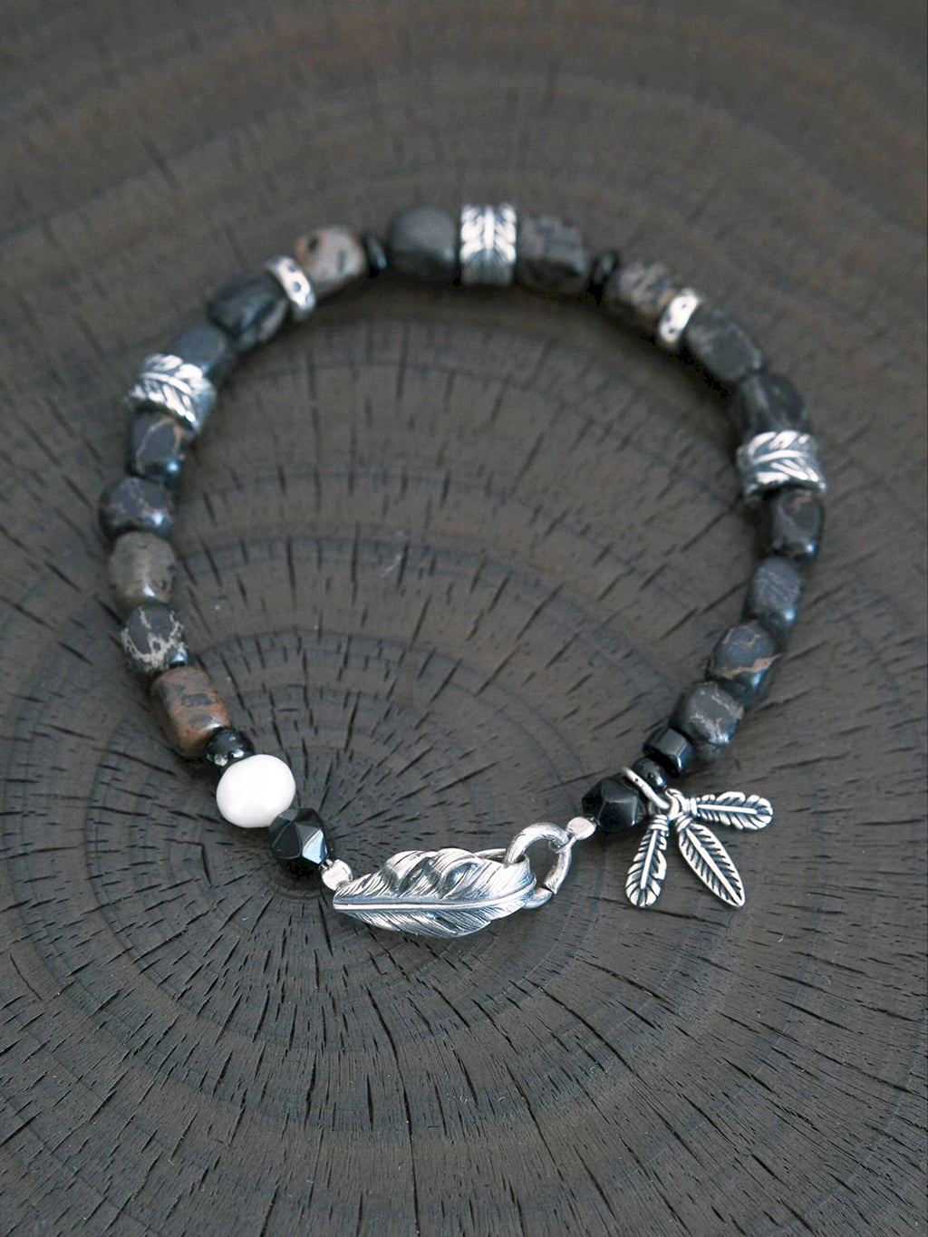 Urban Stoic Series | Dark Wing | Black Onyx, Pearl & Sterling Silver Bracelet