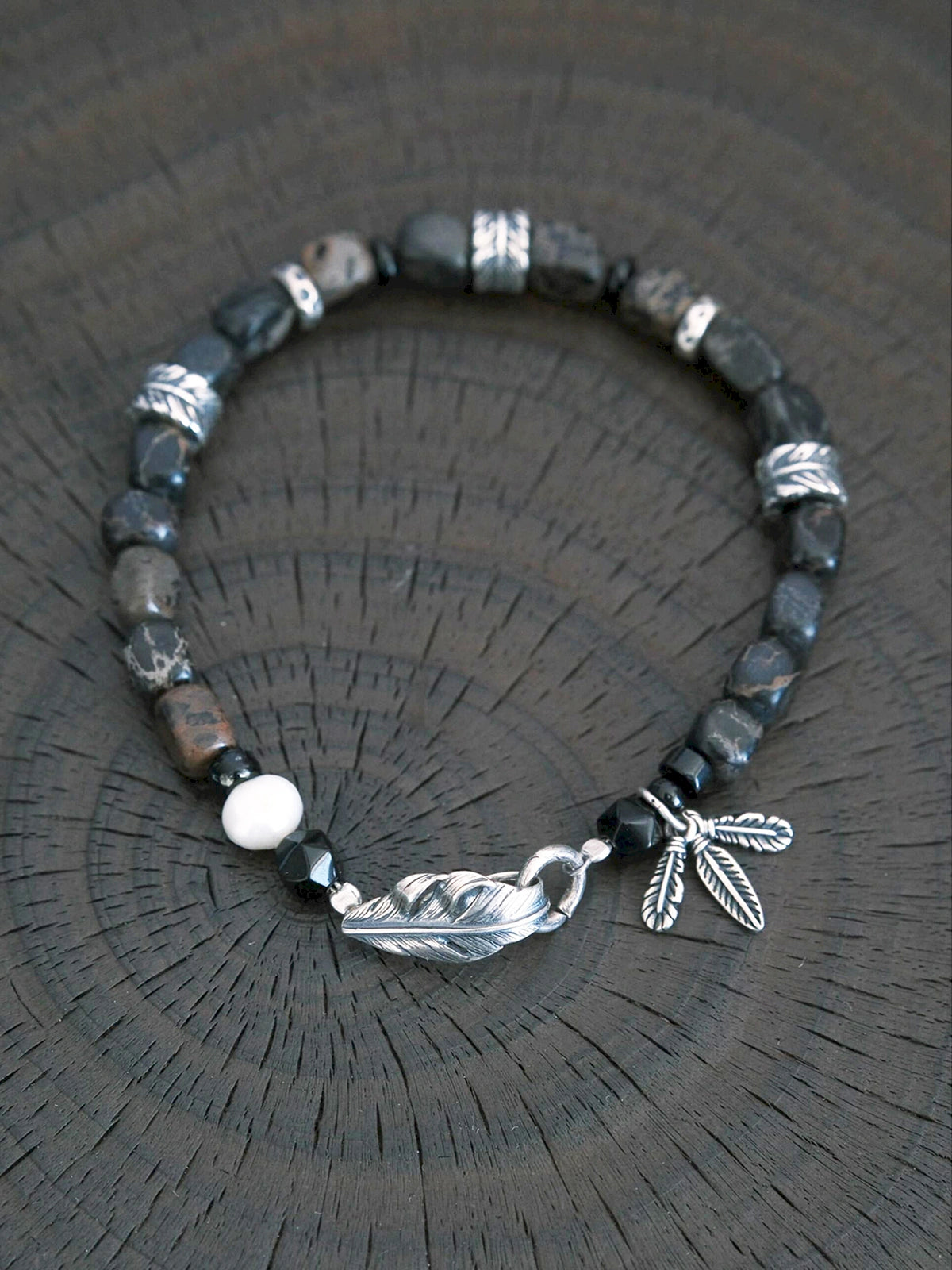 Urban Stoic Series | Dark Wing | Black Onyx, Pearl & Sterling Silver Bracelet