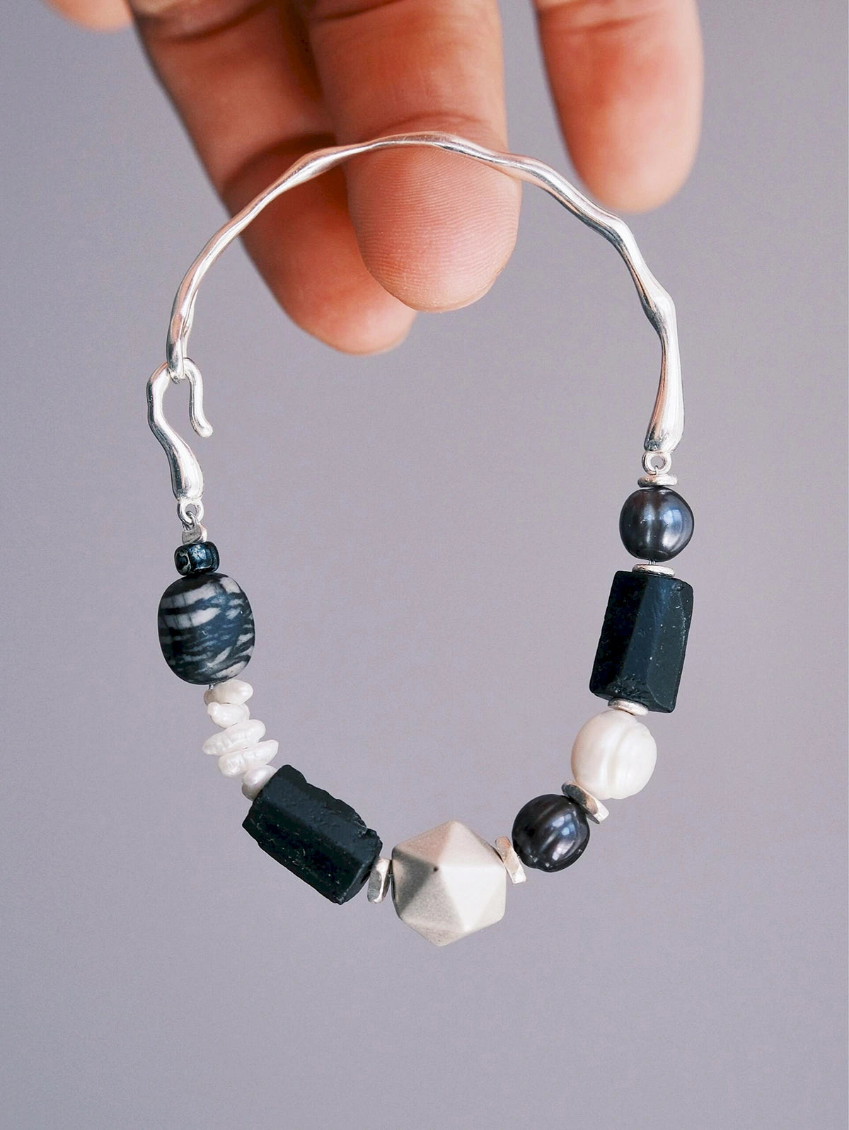 Urban Stoic Series | Mobius Heir | Pearl, Black Tourmaline & Silver Bracelet