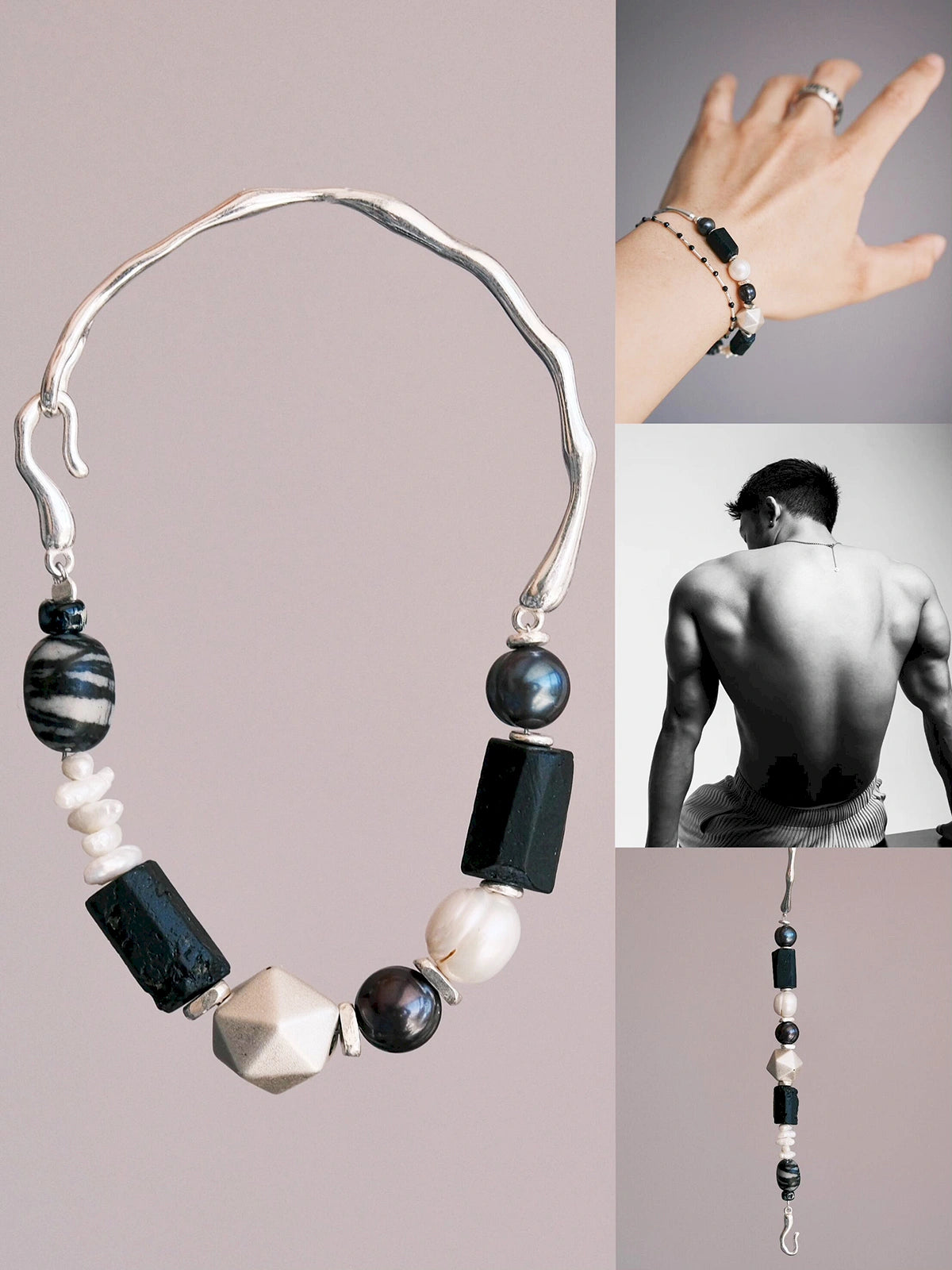 Urban Stoic Series | Mobius Heir | Pearl, Black Tourmaline & Silver Bracelet Secondary image