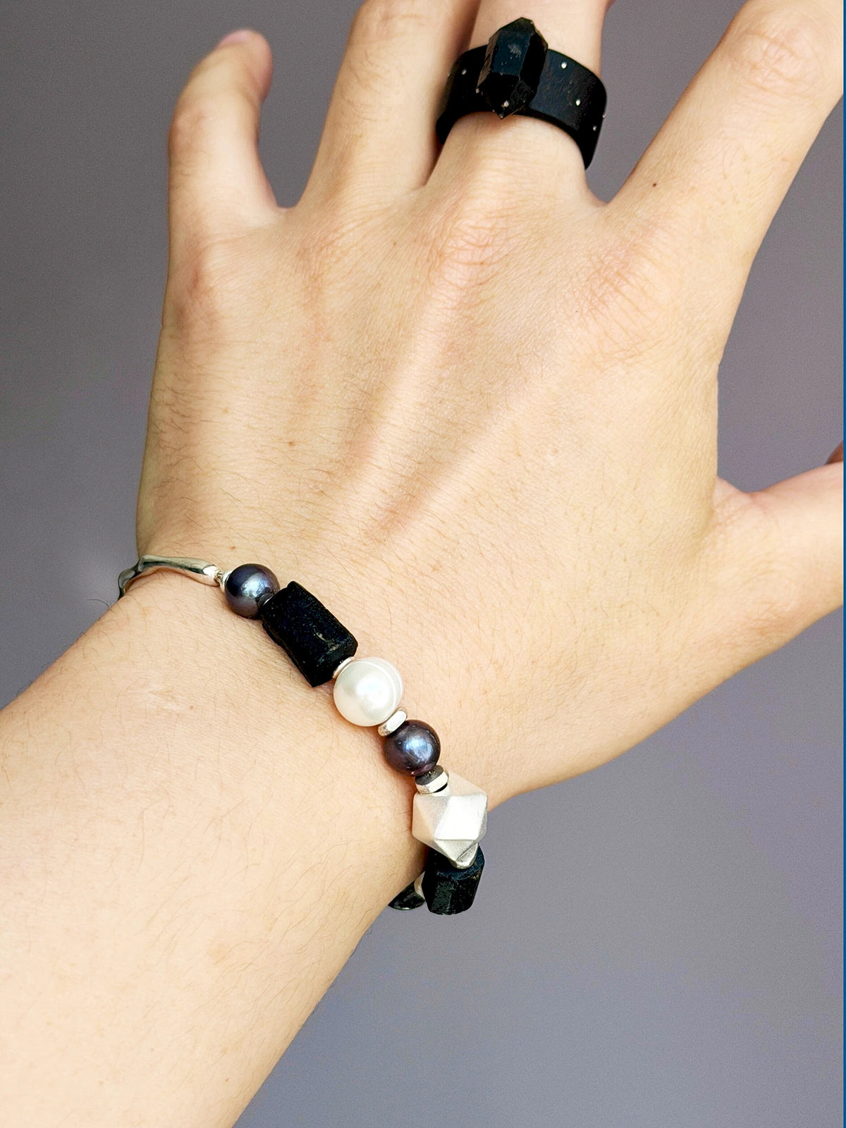 Urban Stoic Series | Mobius Heir | Pearl, Black Tourmaline & Silver Bracelet