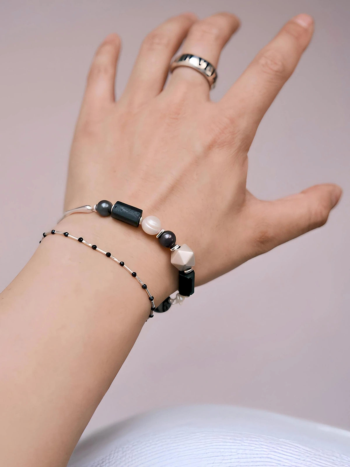 Urban Stoic Series | Mobius Heir | Pearl, Black Tourmaline & Silver Bracelet
