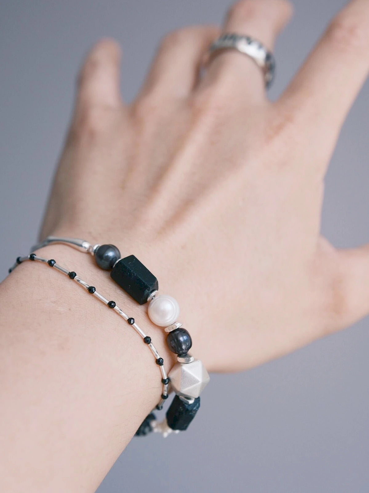 Urban Stoic Series | Mobius Heir | Pearl, Black Tourmaline & Silver Bracelet
