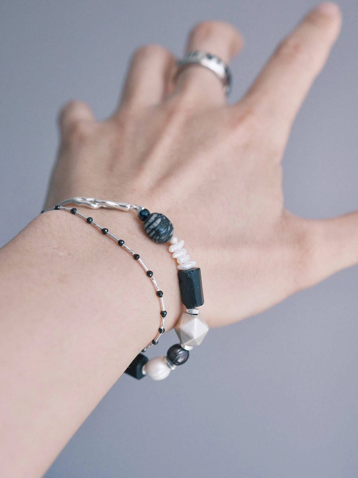 Urban Stoic Series | Mobius Heir | Pearl, Black Tourmaline & Silver Bracelet