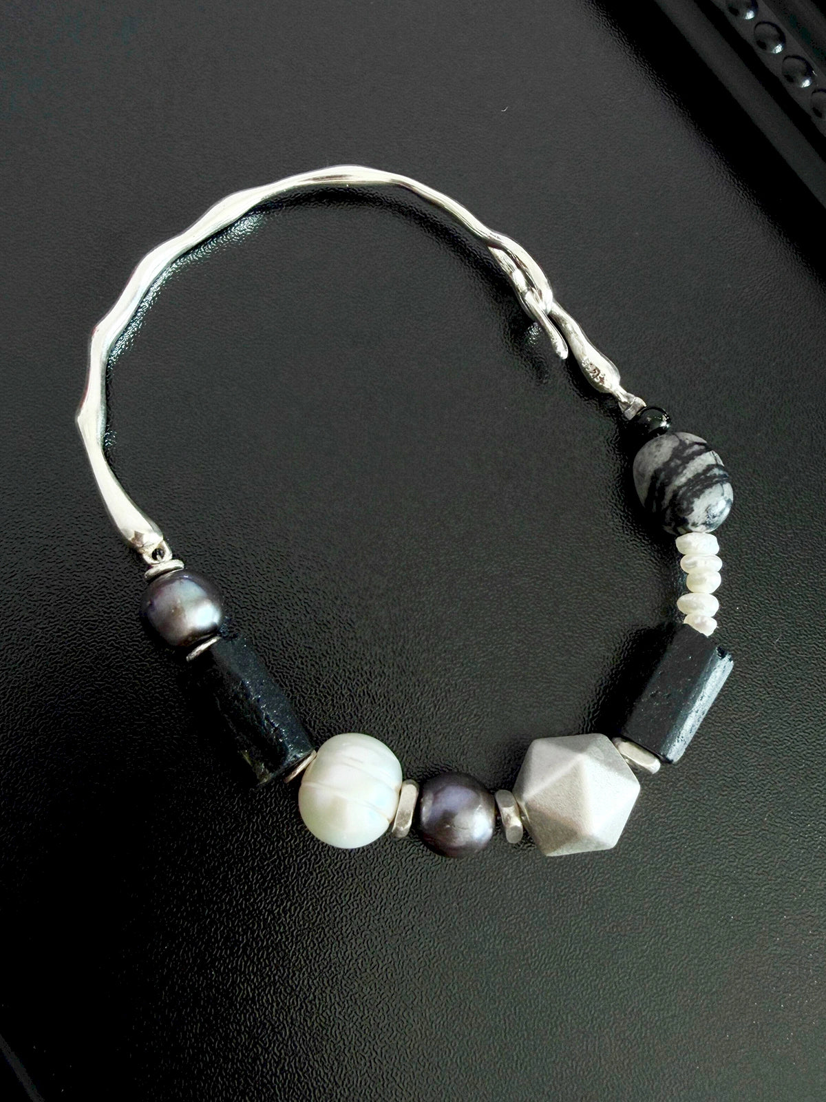 Urban Stoic Series | Mobius Heir | Pearl, Black Tourmaline & Silver Bracelet