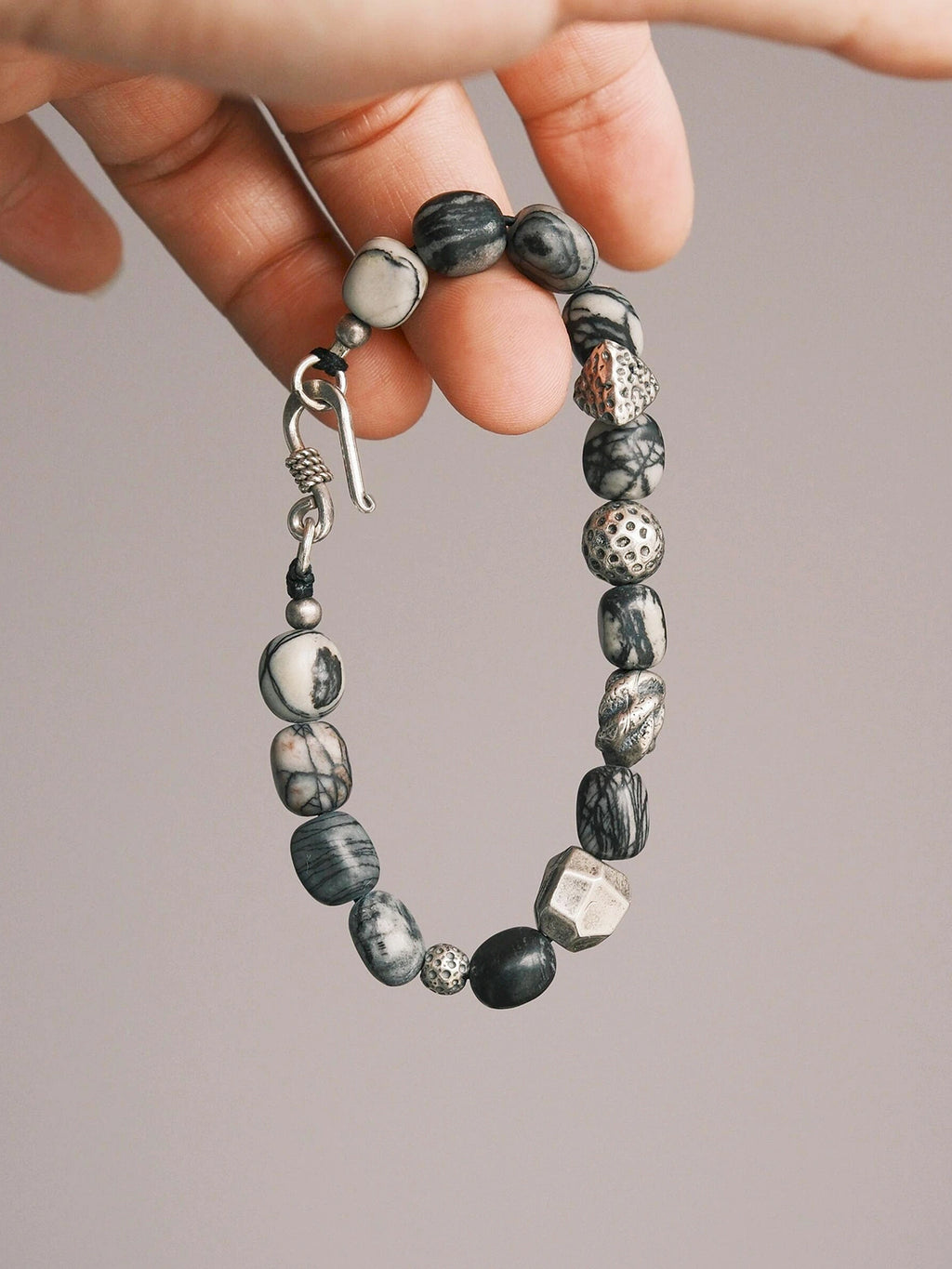 Urban Stoic Series | Grey Orbit | Webbed Jasper-Style Stone & Sterling Silver Bracelet
