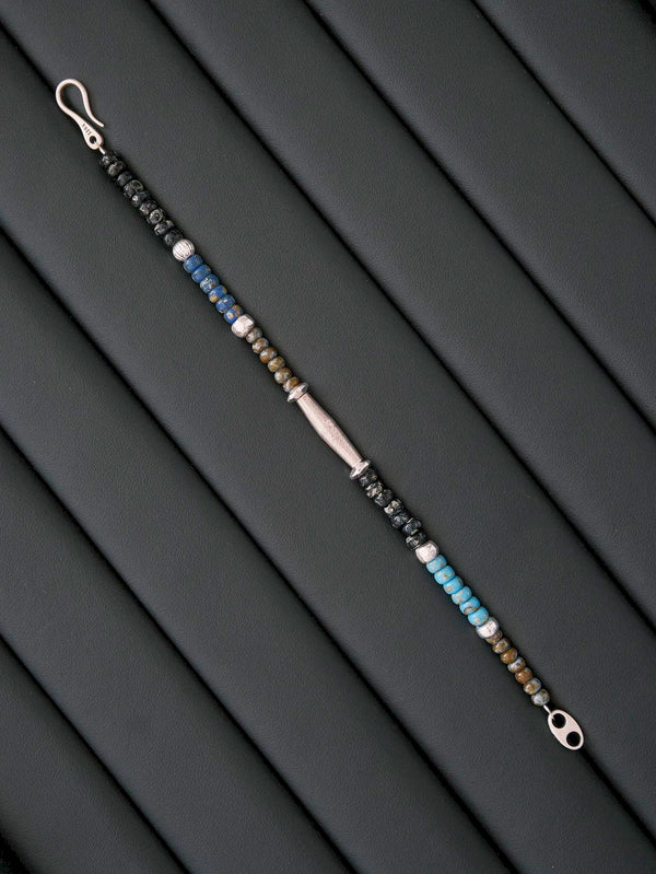 Minimal workday styling with Cyan Wayfarer bracelet, silver and Miyuki colored-glaze details paired with clean everyday menswear