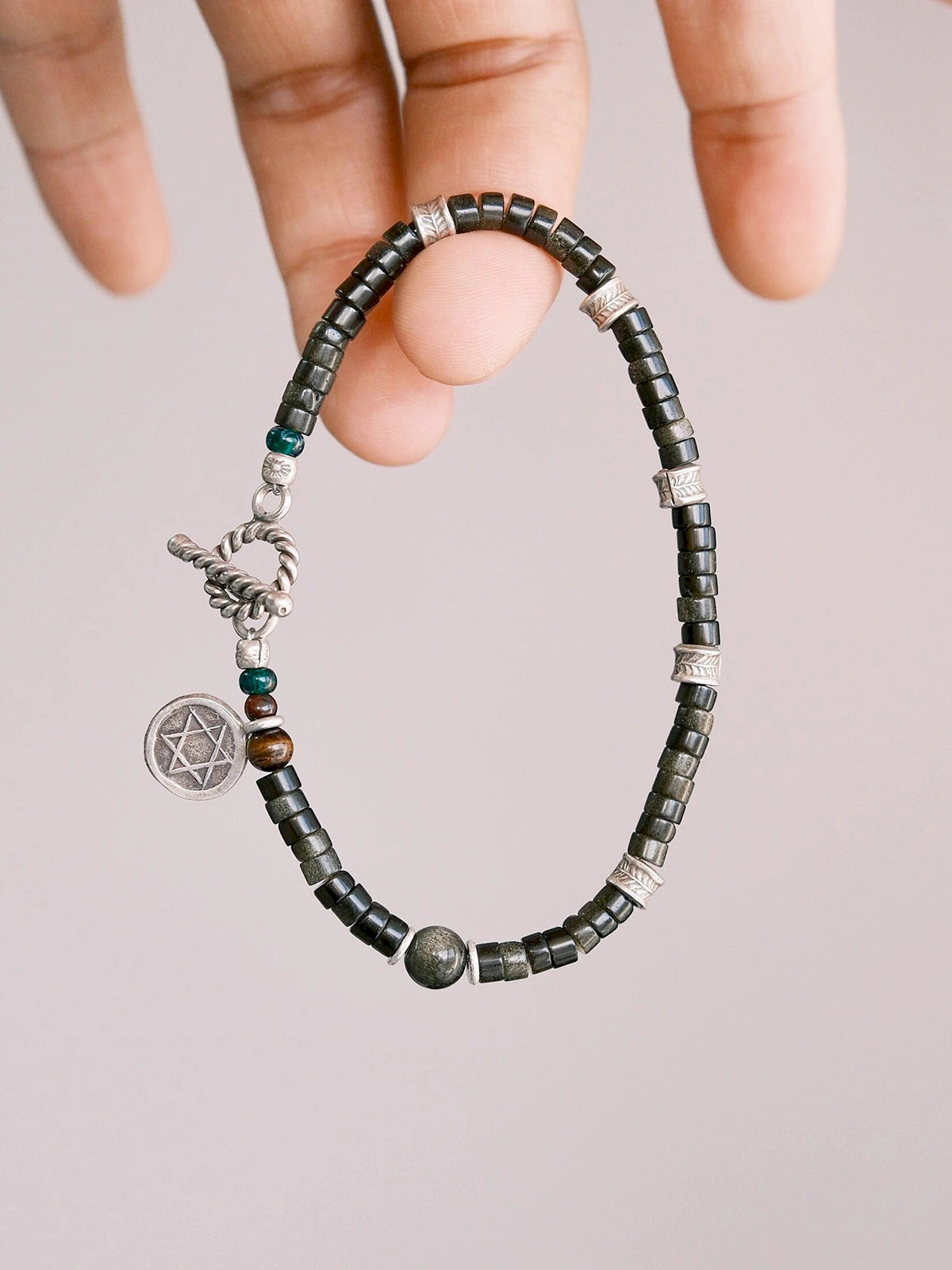 Mineral Soul Series | Black Astra | Golden Obsidian & Hammered Silver Bracelet