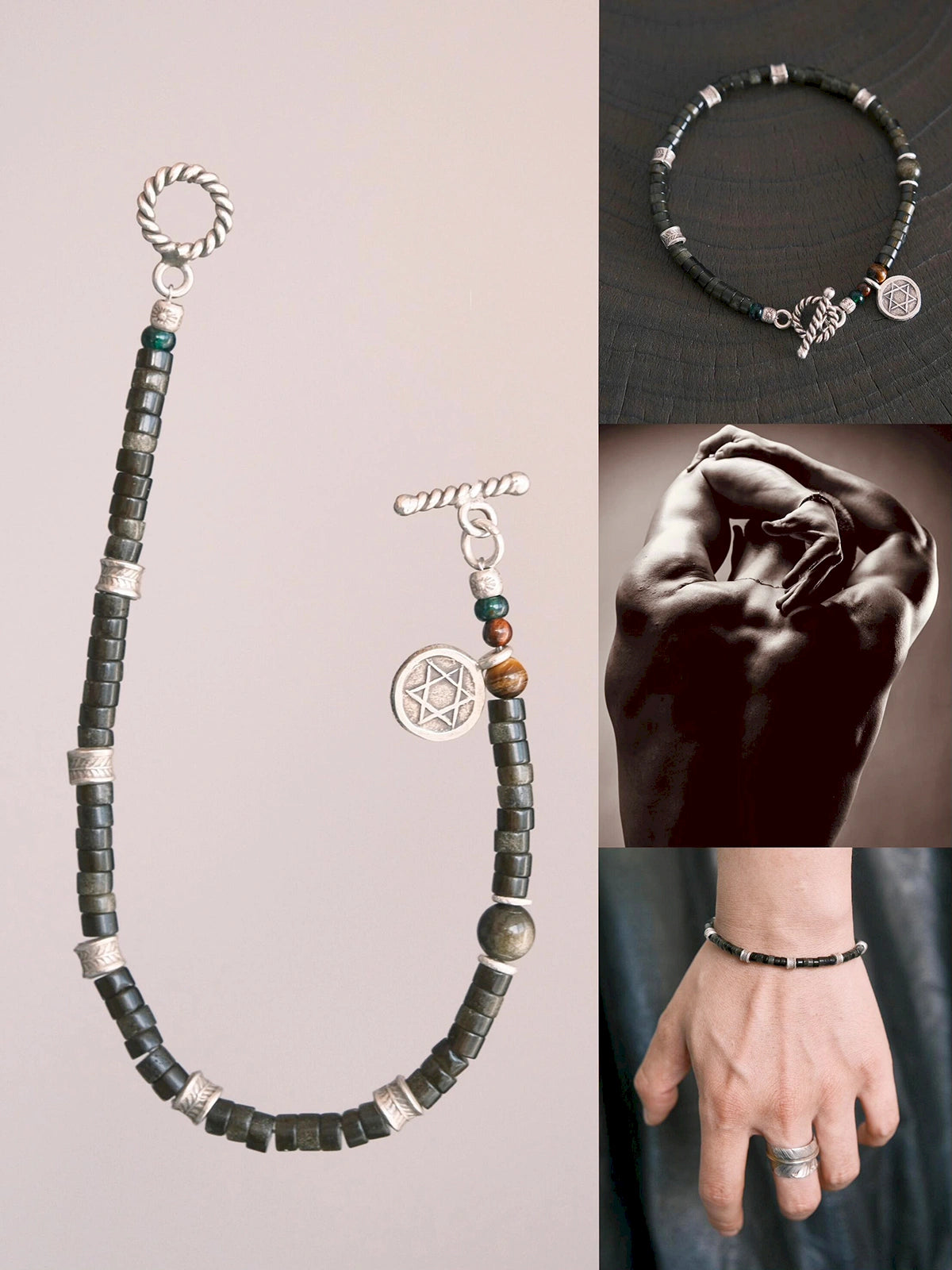 Mineral Soul Series | Black Astra | Golden Obsidian & Hammered Silver Bracelet Secondary image
