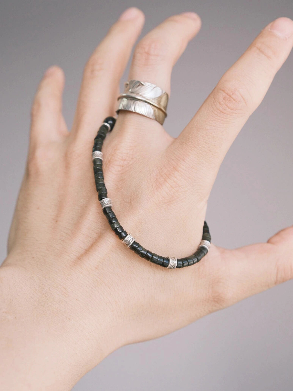 Mineral Soul Series | Black Astra | Golden Obsidian & Hammered Silver Bracelet