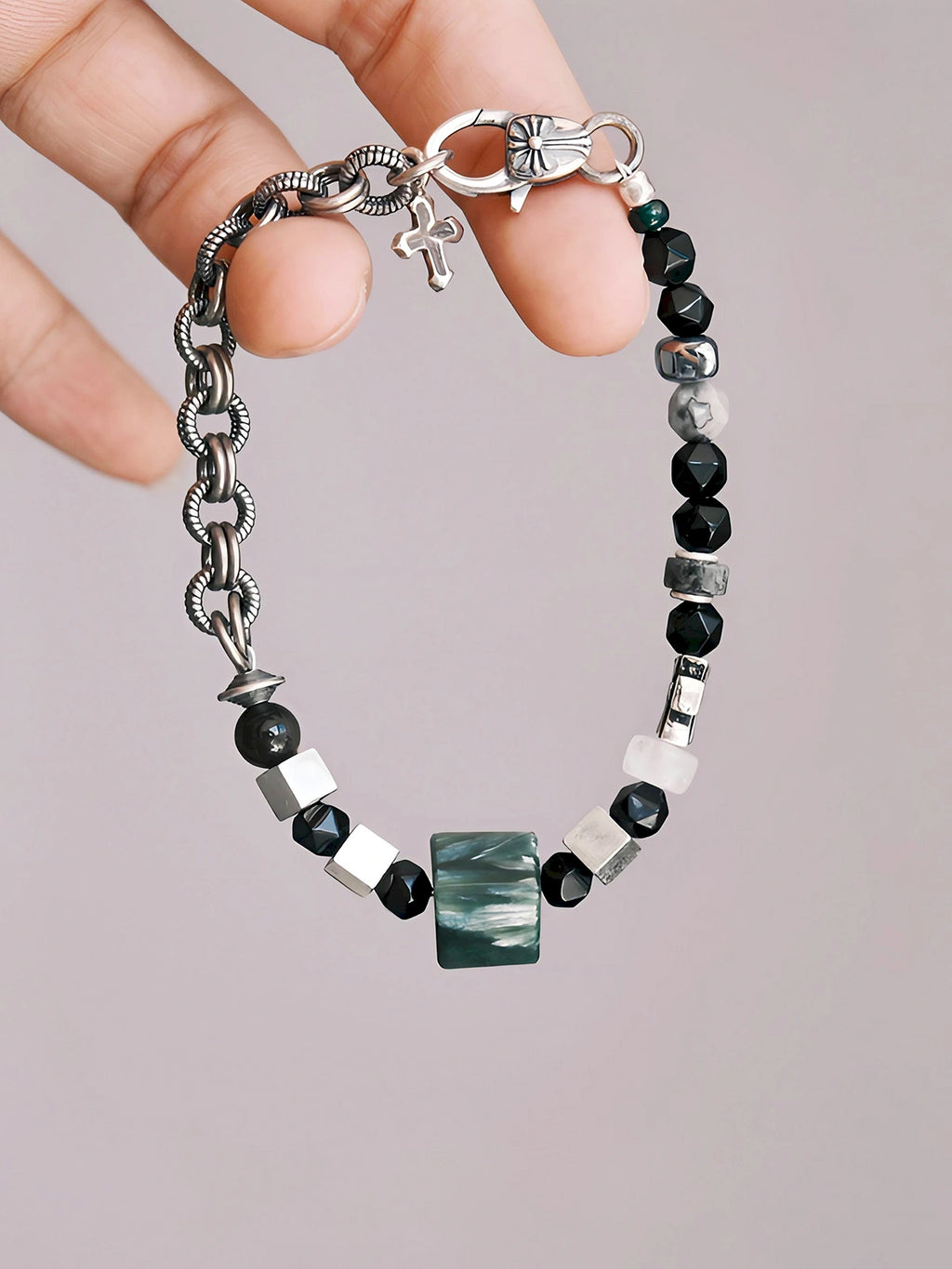Urban Stoic Series | Dark Monolith | Seraphinite, Obsidian & Silver Bracelet