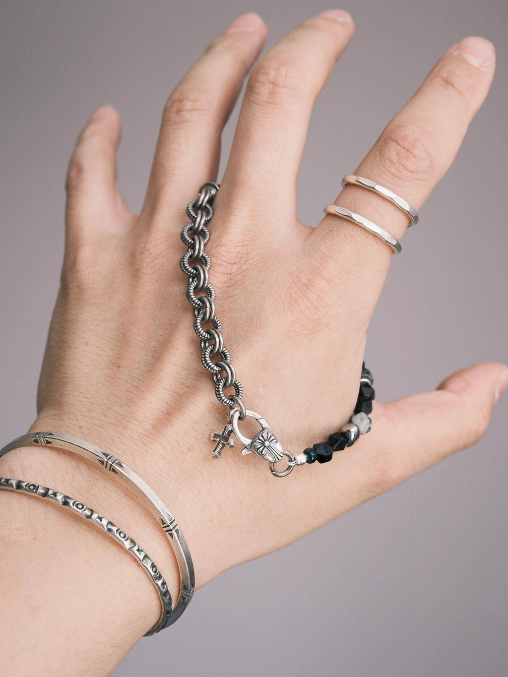 Urban Stoic Series | Dark Monolith | Seraphinite, Obsidian & Silver Bracelet