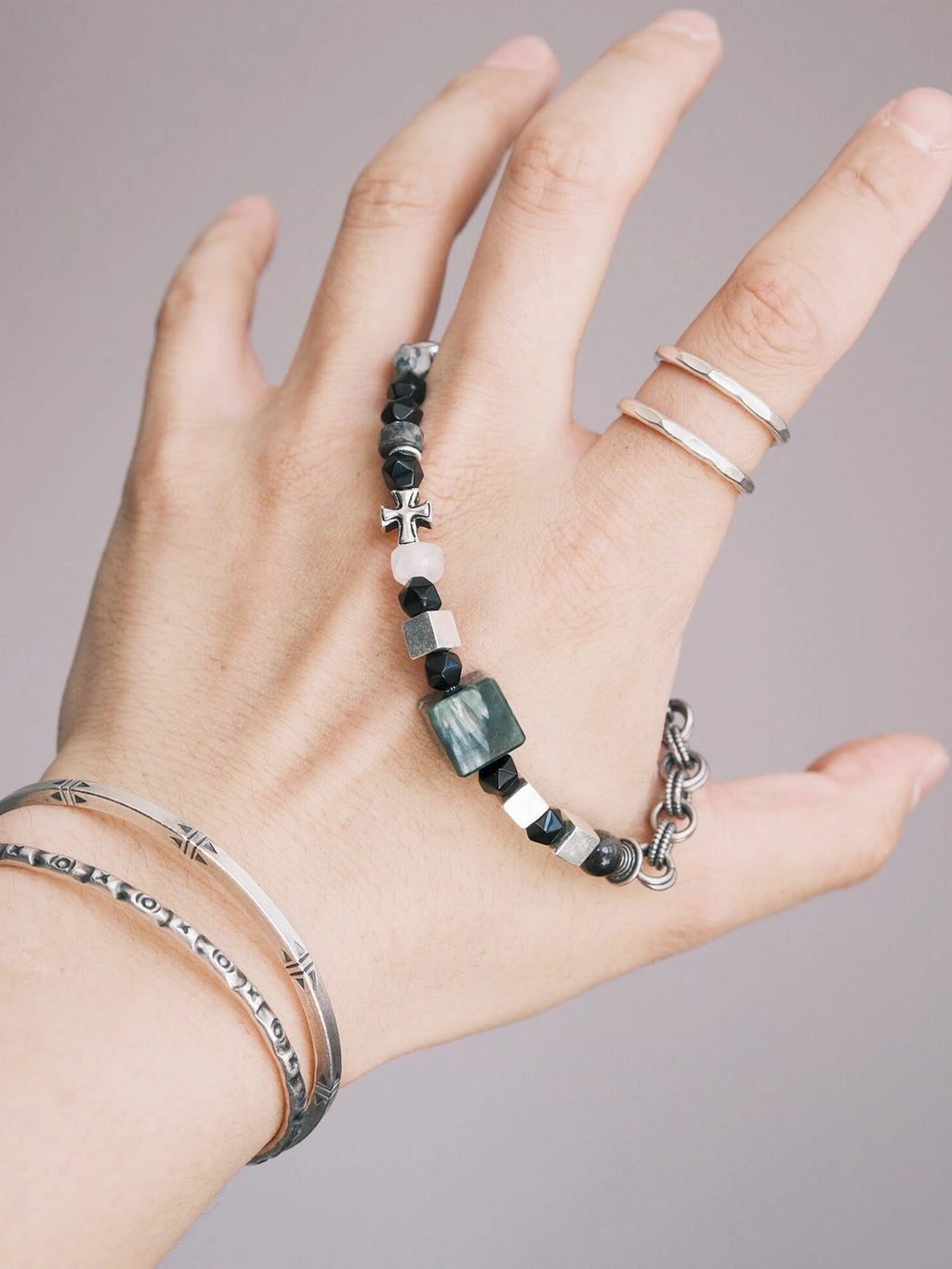 Urban Stoic Series | Dark Monolith | Seraphinite, Obsidian & Silver Bracelet