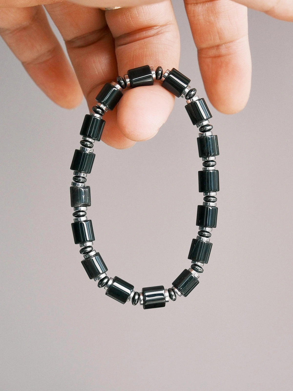 Men’s black onyx bracelet, Urban Stoic Series Black Verdict, minimal black-silver jewelry aesthetic.