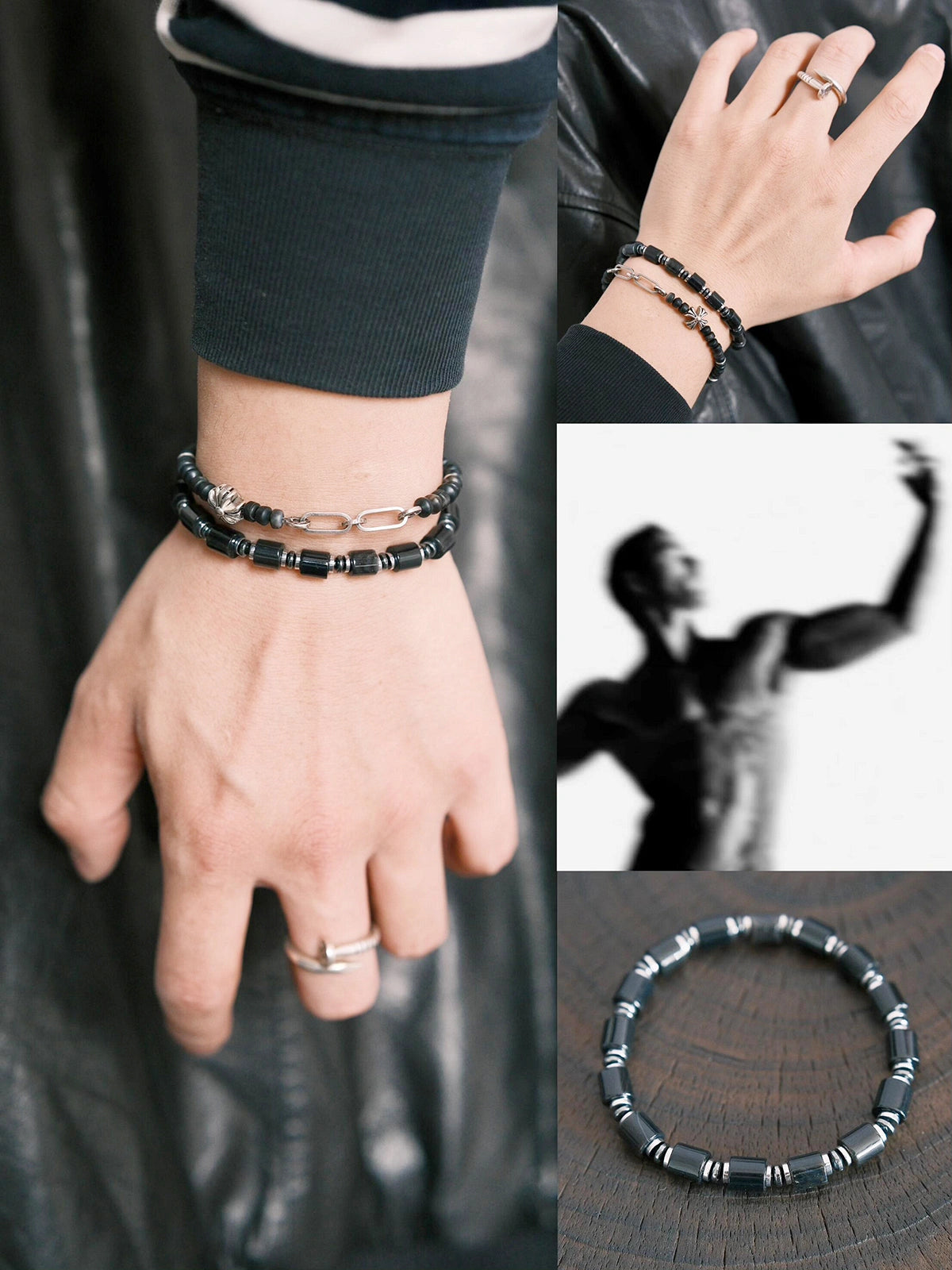 Men wearing Urban Stoic Series Black Verdict bracelet on wrist, black onyx and hematite beads, minimal everyday jewelry style.