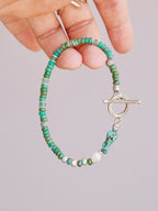 Men’s turquoise bracelet, Mineral Soul Series Mountain Tide, minimal jewelry aesthetic with pearl and silver details