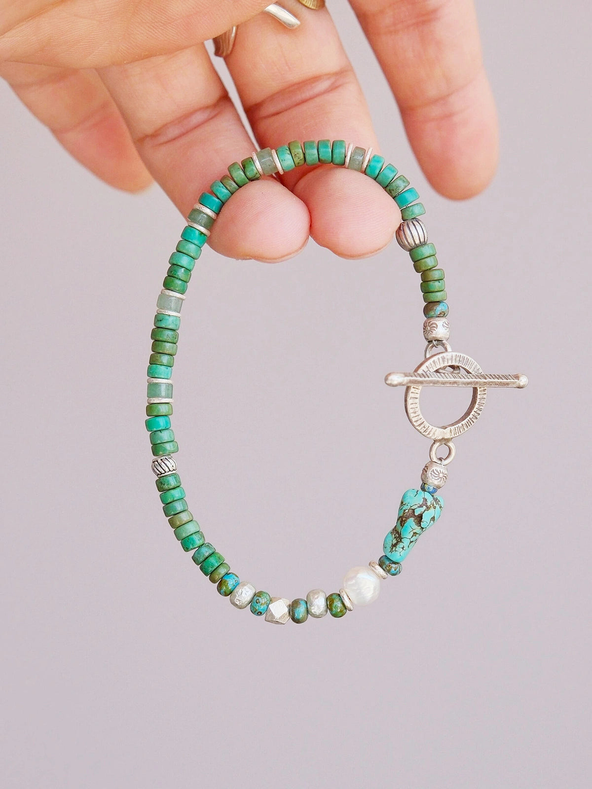 Men’s turquoise bracelet, Mineral Soul Series Mountain Tide, minimal jewelry aesthetic with pearl and silver details