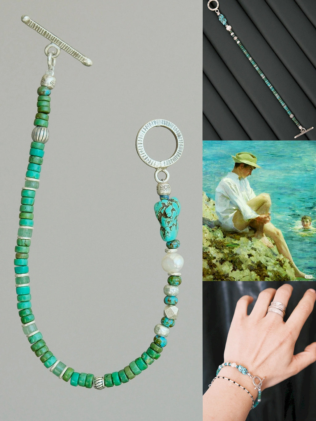 Men’s turquoise and pearl bracelet for travel styling, mountain and ocean inspired jewelry with relaxed summer mood
